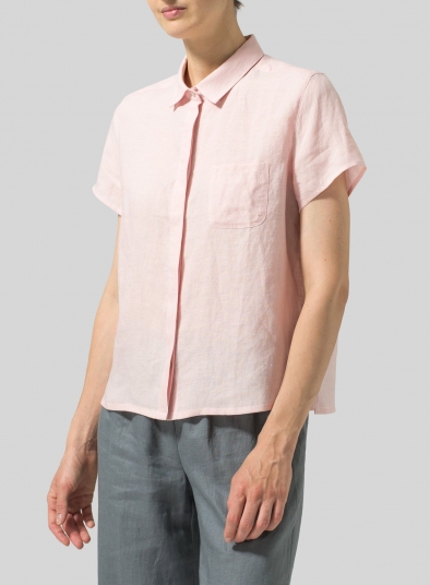 Linen Short Sleeve Mini-point Collar Shirt