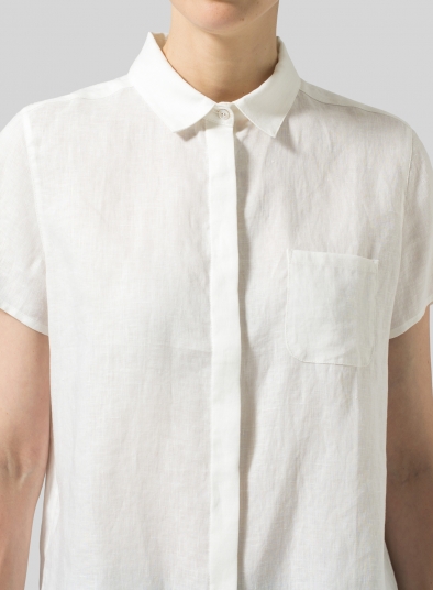 Linen Short Sleeve Mini-point Collar Shirt