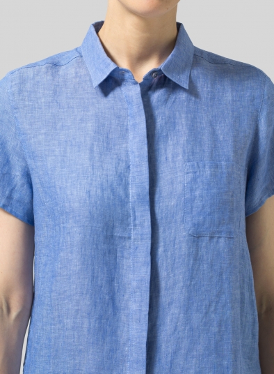 Linen Short Sleeve Mini-point Collar Shirt