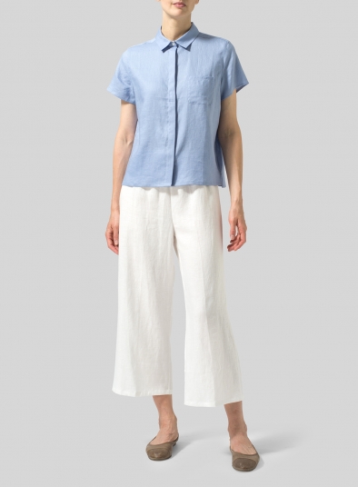 Linen Short Sleeve Mini-point Collar Shirt