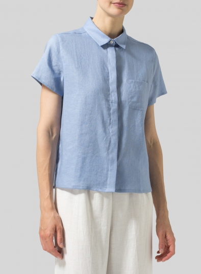 Linen Short Sleeve Mini-point Collar Shirt