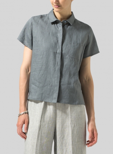 Linen Short Sleeve Mini-point Collar Shirt