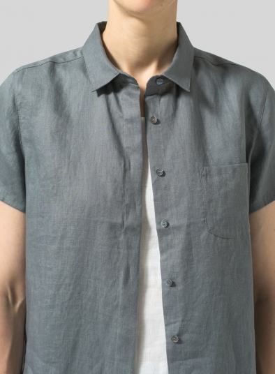 Linen Short Sleeve Mini-point Collar Shirt