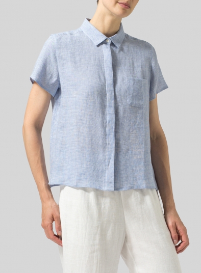 Linen Short Sleeve Mini-point Collar Shirt