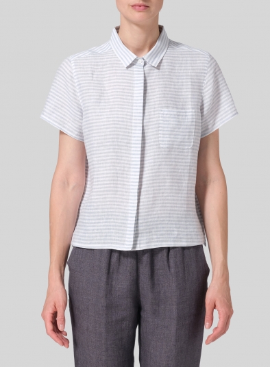 Linen Short Sleeve Mini-point Collar Shirt