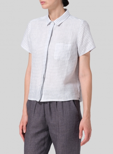 Linen Short Sleeve Mini-point Collar Shirt