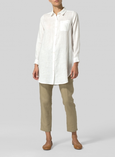 Linen L/S Solid Basic Button Front Long Blouse