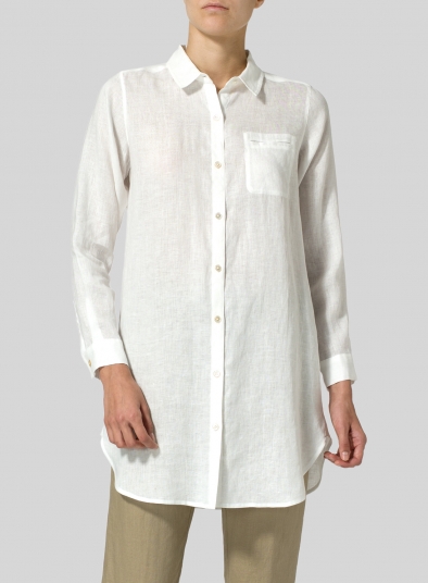 Linen L/S Solid Basic Button Front Long Blouse