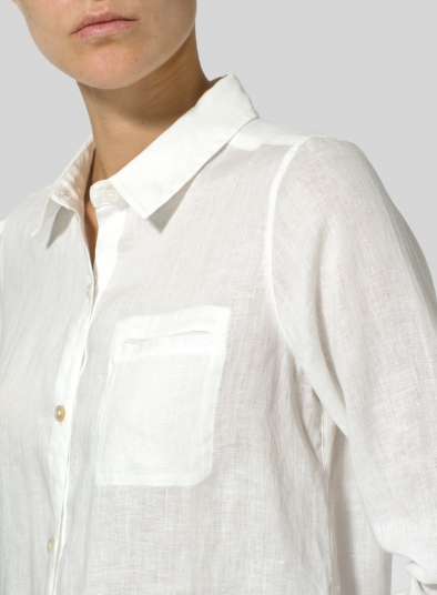 Linen L/S Solid Basic Button Front Long Blouse