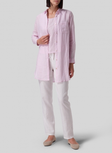 Linen L/S Solid Basic Button Front Long Blouse