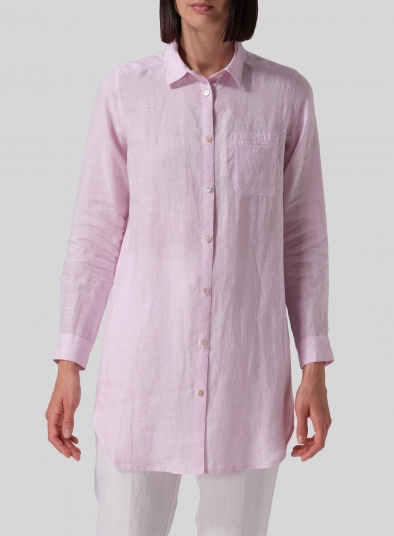 Linen L/S Solid Basic Button Front Long Blouse
