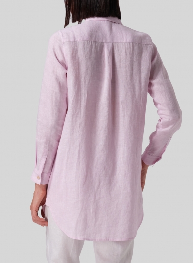 Linen L/S Solid Basic Button Front Long Blouse