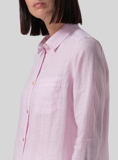 Linen L/S Solid Basic Button Front Long Blouse