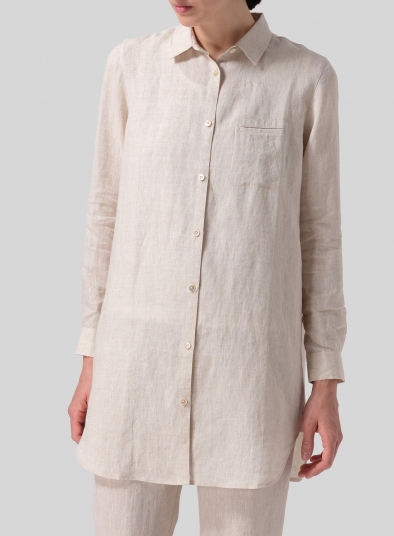 Linen L/S Solid Basic Button Front Long Blouse