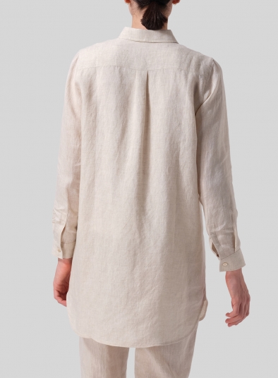 Linen L/S Solid Basic Button Front Long Blouse