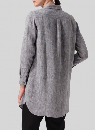 Linen L/S Solid Basic Button Front Long Blouse