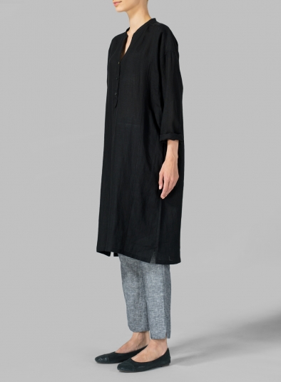 Black Linen Long Sleeve Long Blouse Set - Plus Size