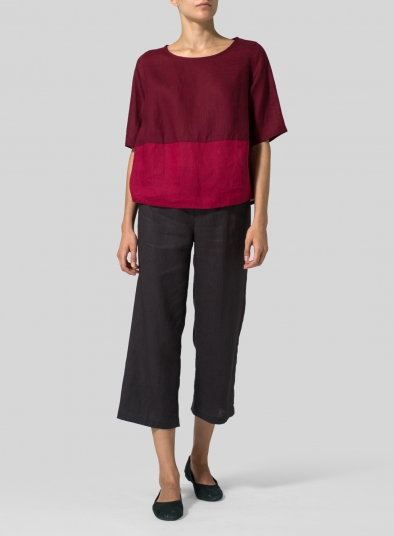 Two Tone Linen Slip-on Half Sleeve Blouse