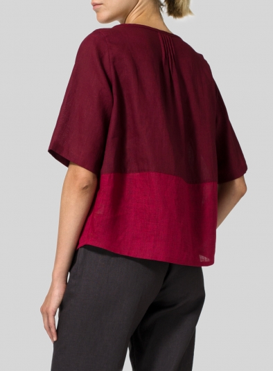 Two Tone Linen Slip-on Half Sleeve Blouse