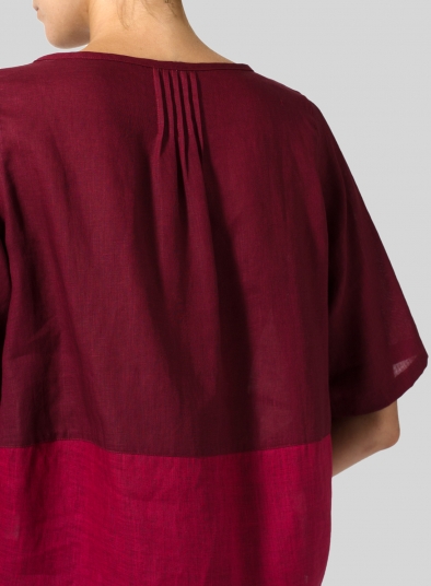 Two Tone Linen Slip-on Half Sleeve Blouse