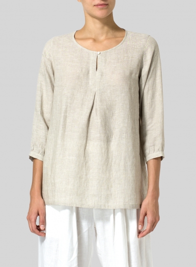 Linen Half Sleeve Inverted Front Pleat Blouse