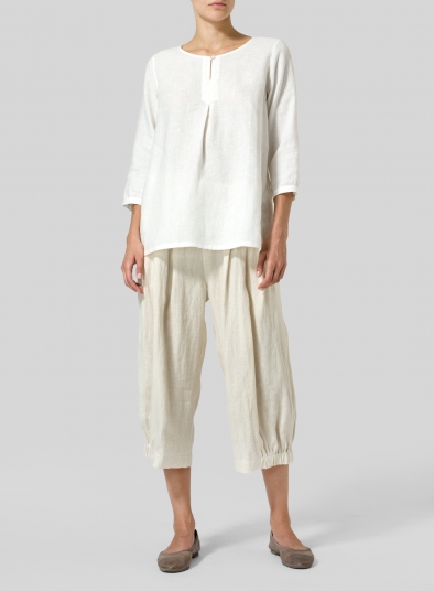Linen Half Sleeve Inverted Front Pleat Blouse