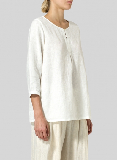 Linen Long Sleeve Inverted Front Pleat Blouse