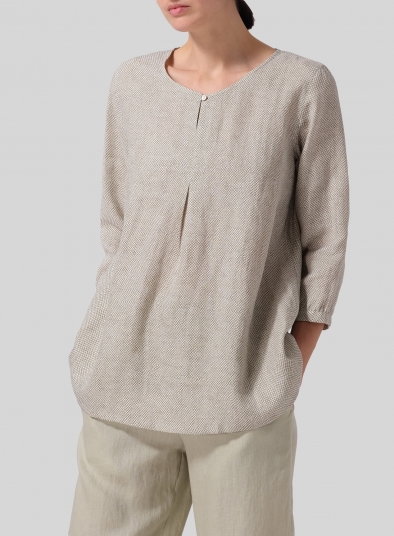 Linen Half Sleeve Inverted Front Pleat Blouse