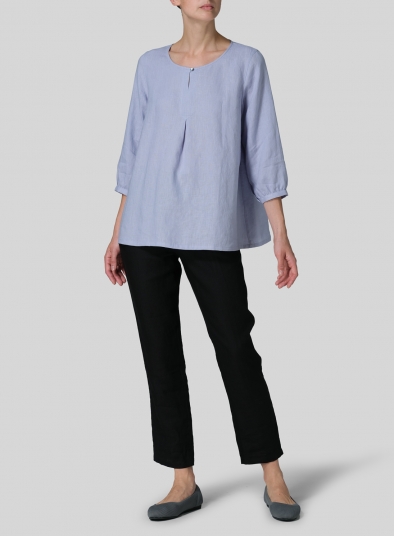 Linen Half Sleeve Inverted Front Pleat Blouse