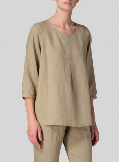 Linen Half Sleeve Inverted Front Pleat Blouse