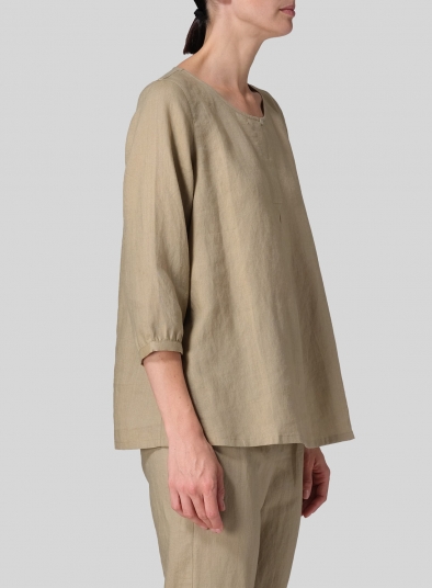 Linen Half Sleeve Inverted Front Pleat Blouse