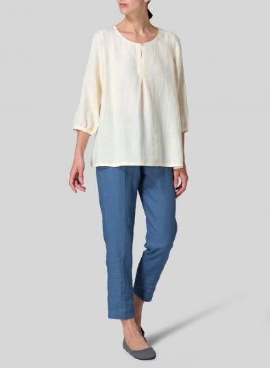 Linen Half Sleeve Inverted Front Pleat Blouse