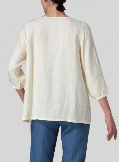 Linen Half Sleeve Inverted Front Pleat Blouse