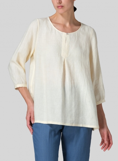 Linen Half Sleeve Inverted Front Pleat Blouse