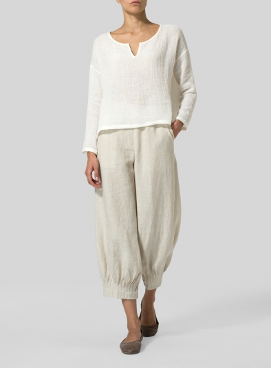 Linen Crinkle Gauze V-neck Boxy Top