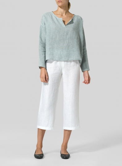 Linen V-neck Checker Boxy Top
