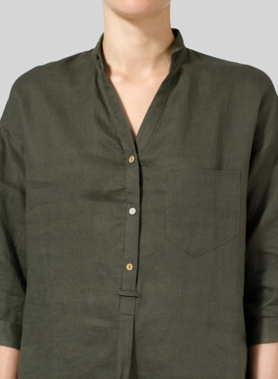 Linen Blouse With V-neck Mandarin Collar