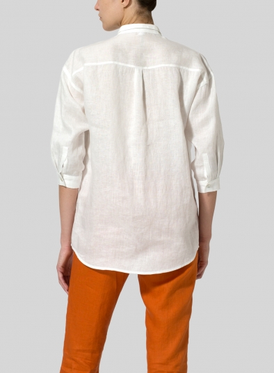 Linen Blouse With V-neck Mandarin Collar