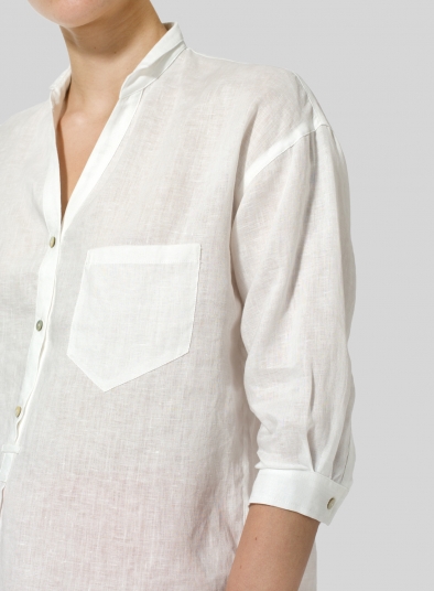 Linen Blouse With V-neck Mandarin Collar