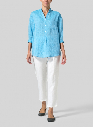 Linen Blouse With V-neck Mandarin Collar