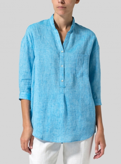 Linen Blouse With V-neck Mandarin Collar