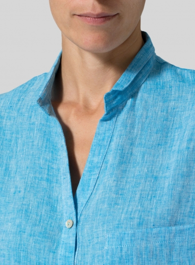 Linen Blouse With V-neck Mandarin Collar