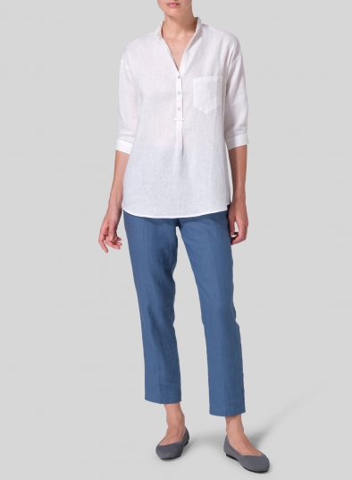 Linen Blouse With V-neck Mandarin Collar