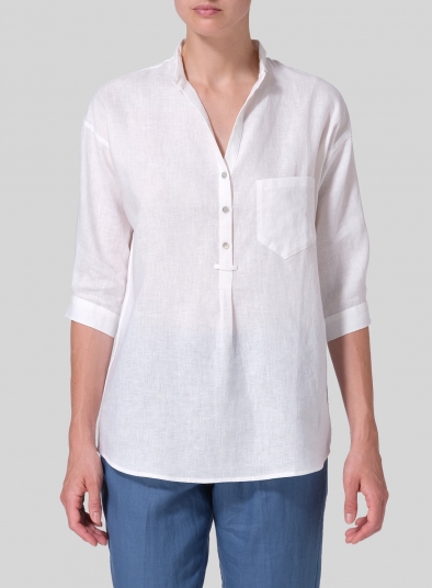 Linen Blouse With V-neck Mandarin Collar