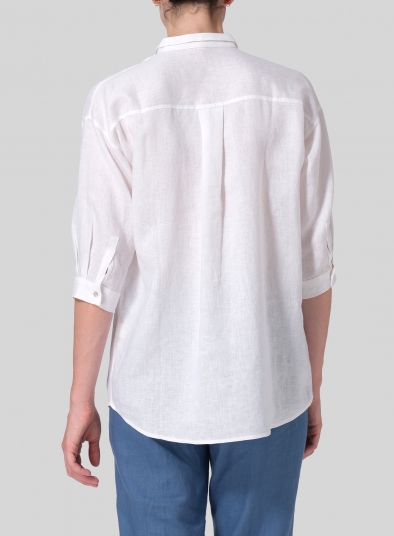 Linen Blouse With V-neck Mandarin Collar