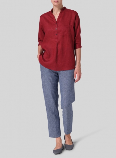 Linen Blouse With V-neck Mandarin Collar