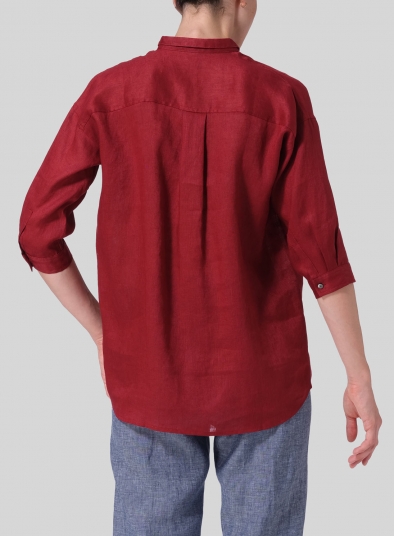 Linen Blouse With V-neck Mandarin Collar