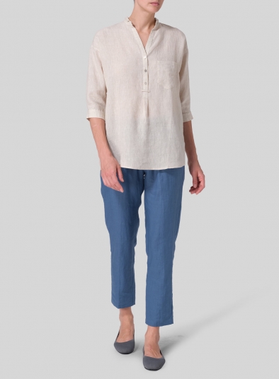 Linen Blouse With V-neck Mandarin Collar