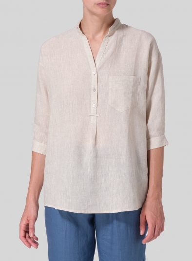 Linen Blouse With V-neck Mandarin Collar