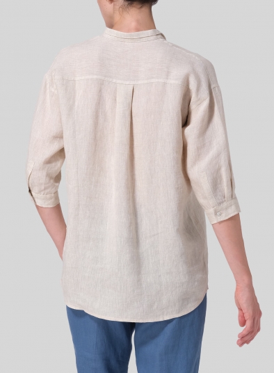 Linen Blouse With V-neck Mandarin Collar